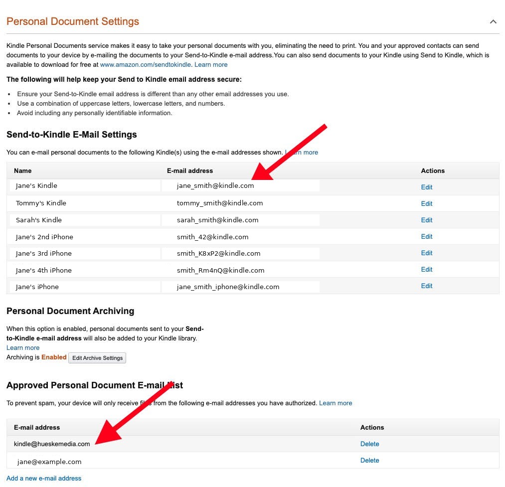 Amazon Personal Document Settings showing Kindle email addresses and approved sender list